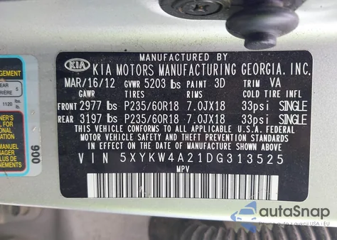 2013 Kia Sorento Sx из США, поврежденный, VIN 5XYKW4A21DG313525